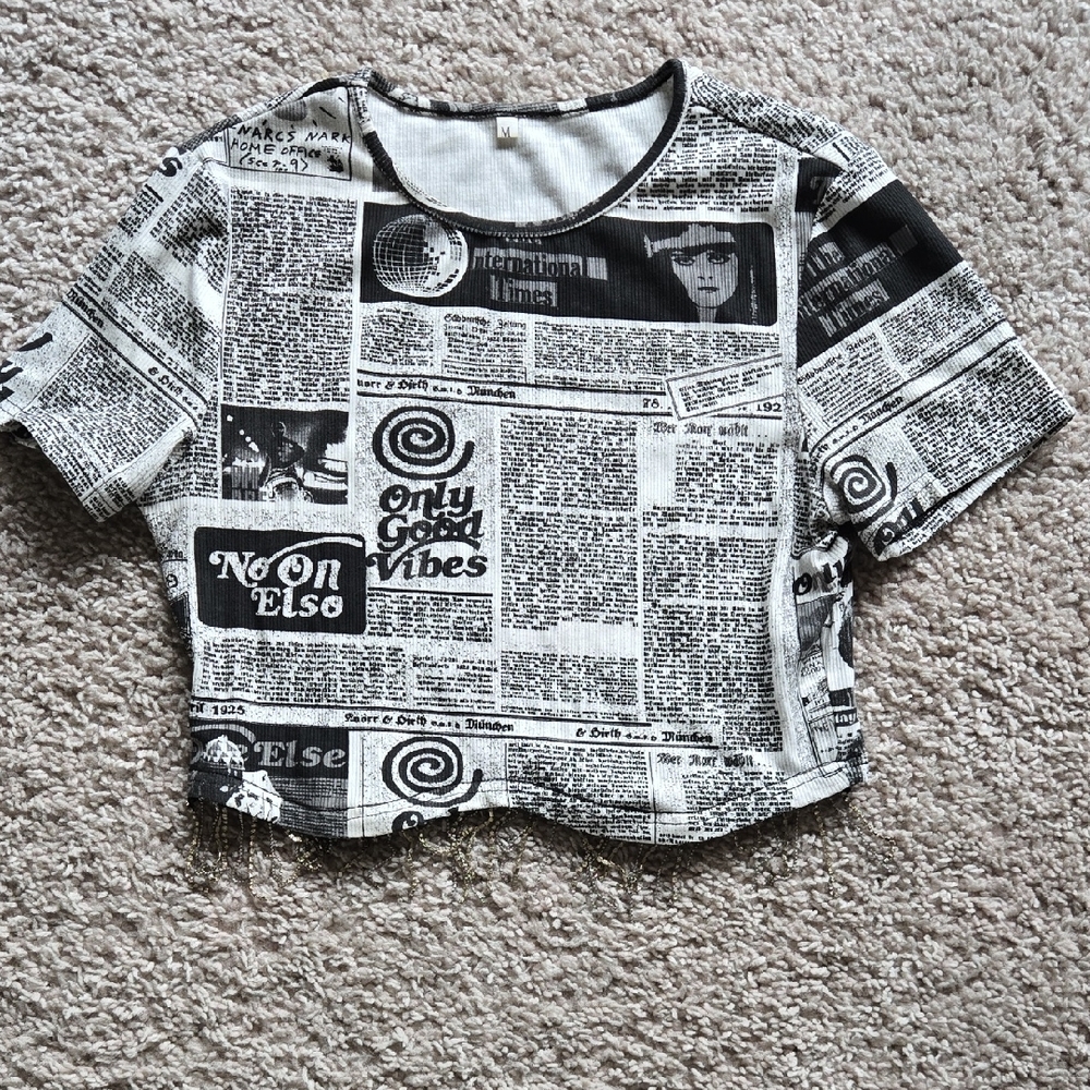 Newspaper Print Black & White Crop Top